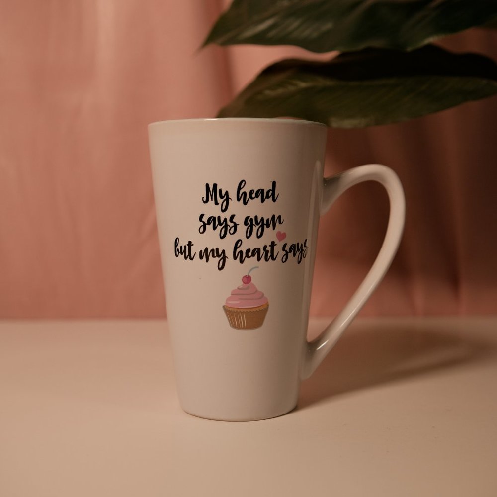 Large Gym vs Cupcake Mug with Inspirational Message - Life is Short, Eat the Cup